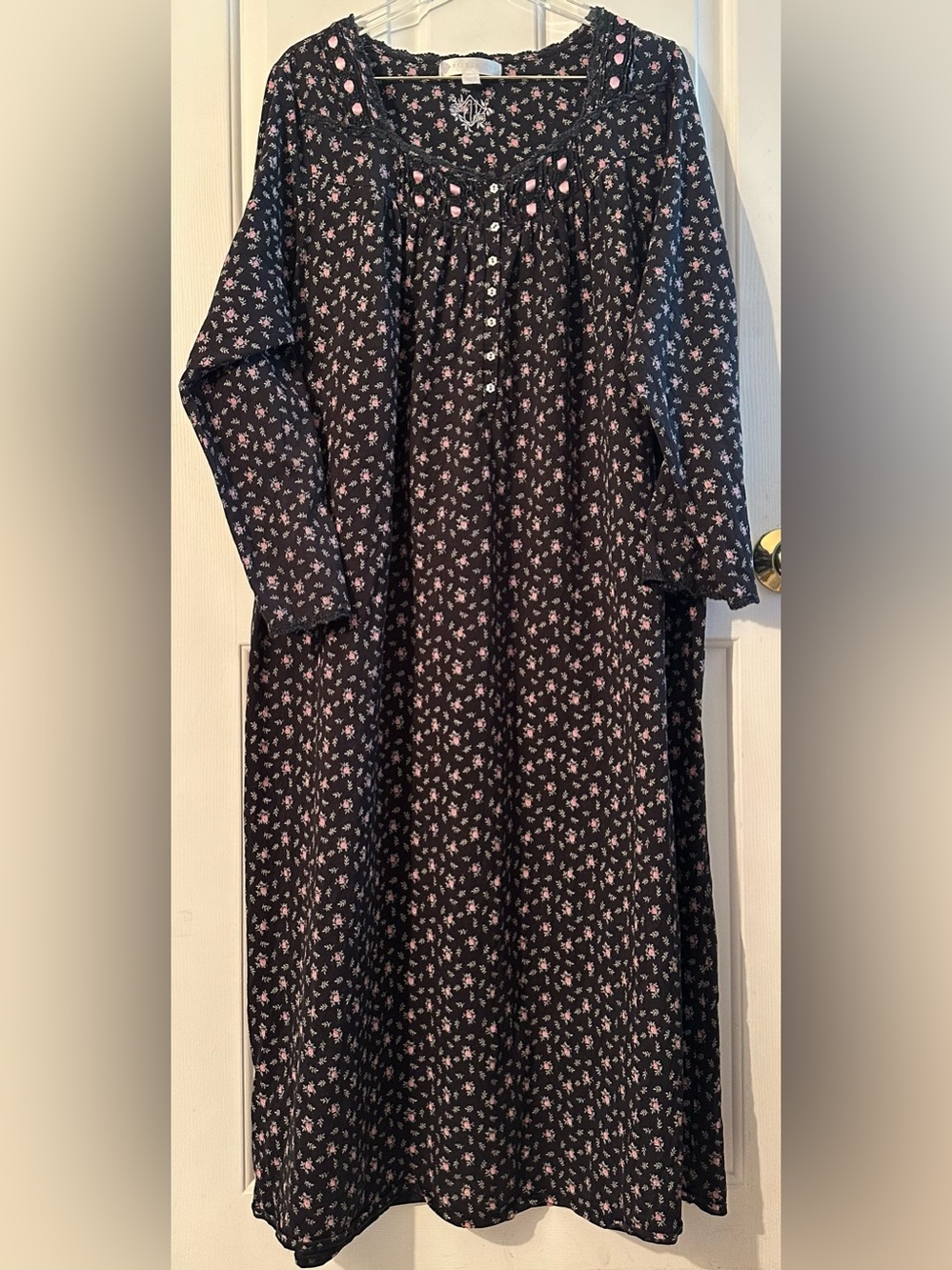 EILEEN WEST Nightgown 2X Vtg Inspo Blk Floral Cotton Lace Ribbon LS Cottagecore
